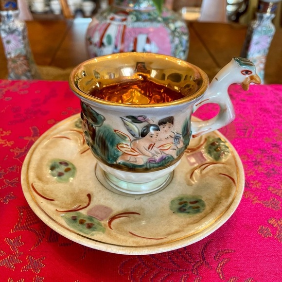 Vintage EB R. Capodimonte Tea Set, Gold Gilt Cherub Italian Porcelain, 17 Piece - Picture 5 of 16
